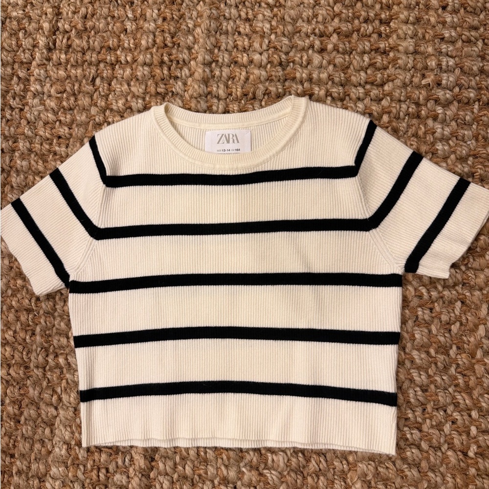 Zara Girls Cream & Black Short-Sleeve Ribbed Striped Sweater SZ 13-14 NWOT